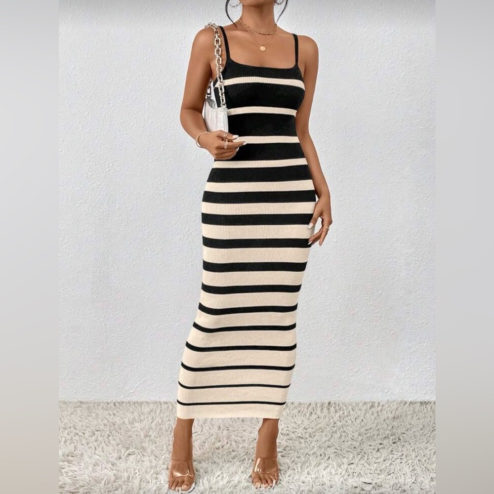 Striped Black and Cream Maxi Dress